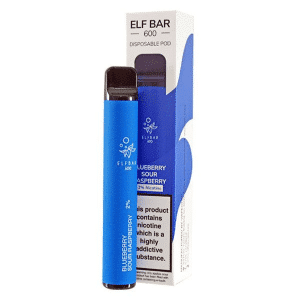 The Elf Bar 600 Blueberry Sour Raspberry flavour, is a disposable vape device filled with nicotine salt-based e-liquid.